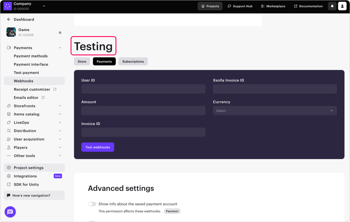 Webhooks testing 
section
