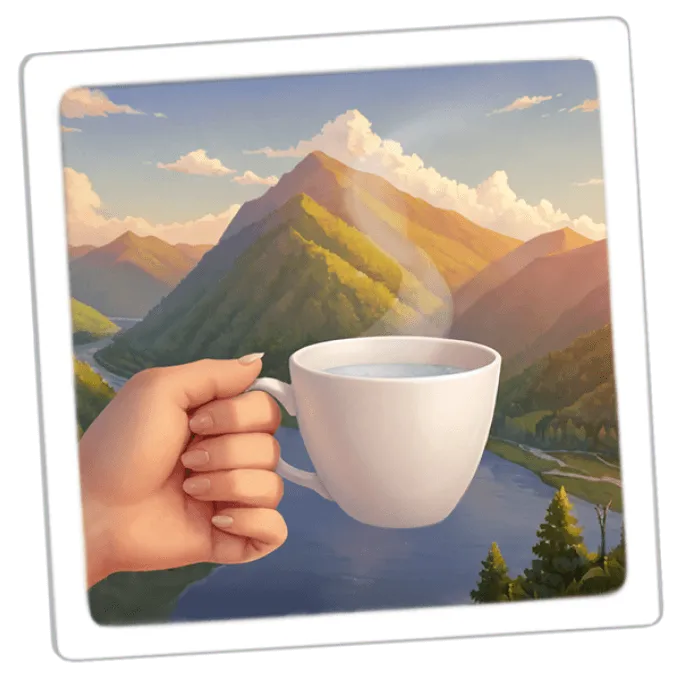 A hand holding a cup against the backdrop of a mountain