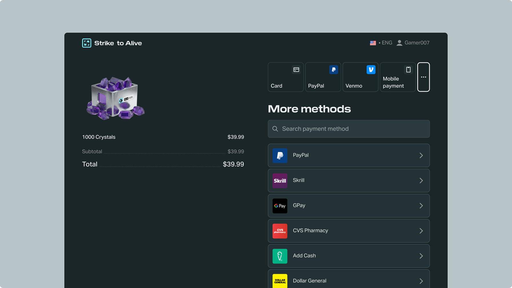 Game checkout showing a crystal purchase and payment options including card, PayPal, Venmo, and Google Pay.