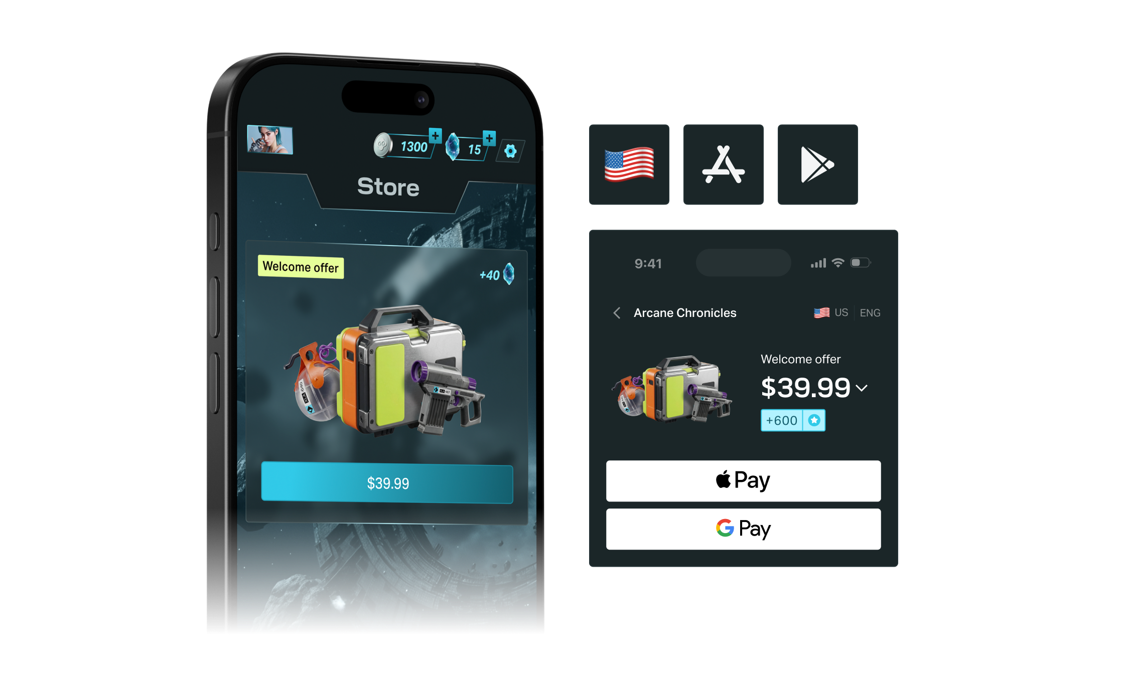 휴대폰 게임 상점의 웰컴 오퍼 버튼과, 그 버튼이 여는 Apple Pay·Google Pay 웹 결제 화면. 위에 미국 국기, 앱스토어, 구글 플레이 아이콘이 있습니다.
